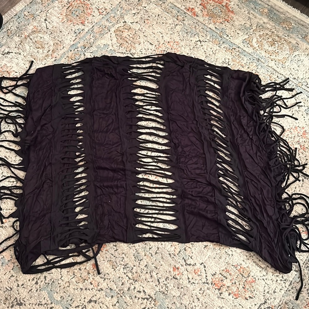 Black swim cover up with cutouts and fringe